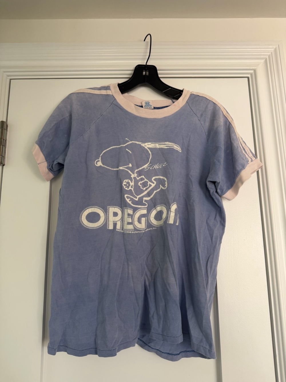 Oregon Snoopy Ringer Tee for Kids - Light Blue with Pink Trim